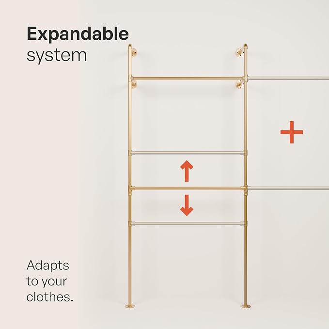 pamo Industrial Clothing Rack Wall Mounted Gold – 117" W × 87" H, 880 lbs | Heavy Duty Pipe Closet System in Gold Powder Coated Steel, Scratch-Resistant, Double Rod, Easy Assembly