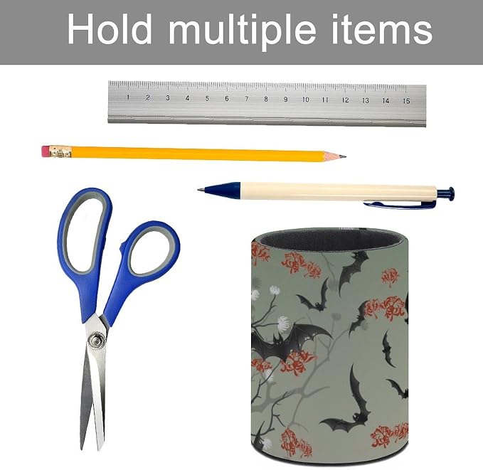 Bats Flowers Pen Holder Pencil Cup for Desk Organizer | Cute Makeup Brush Holder PU Multifunctional Office Suppliesfor Decor Home Classroom School
