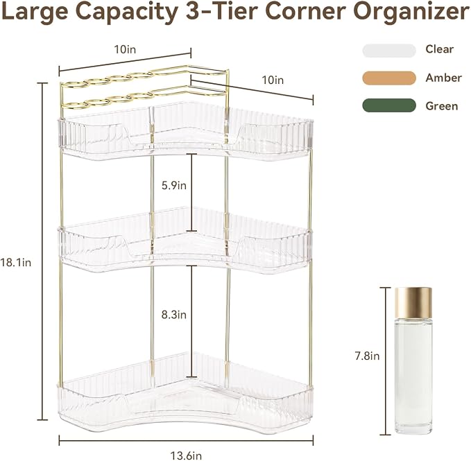3-Tier Corner Bathroom Counter Organizer with Makeup Brush Holder, Clear | Large Makeup Organizers for Vanity, Corner Bathroom Countertop Organizer for Cosmetic Perfume Skincare Storage