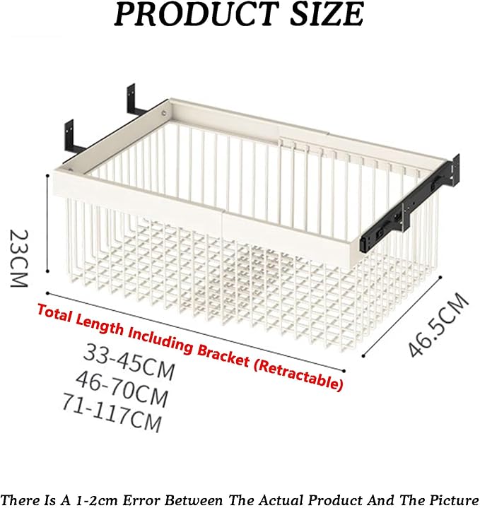 Pull Out Basket Drawer with Runners,Metal Under Shelf Storage Basket,Stackable Storage Bins,Adjustable Width 33-117cm,for Wardrobe Organization(Width 46-70cm)