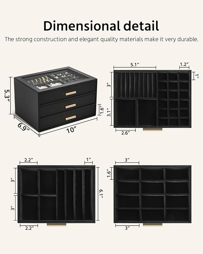 AKOZLIN Jewelry Box with Clear Lid Functional Leather Jewelry Storage Organizer Case 3 Drawers for Women Girls Necklace Ring Bracelet Earring