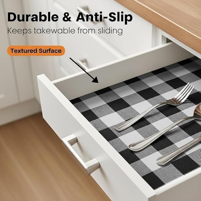 Coavas Shelf and Drawer Liner, Non Slip Extra Grip Non Adhesive Waterproof Thickened Cabinet Mat, Easy Cut for Kitchen Pantry Bathroom Dresser Cupboard (Black Stripe, 12IN x 30FT)