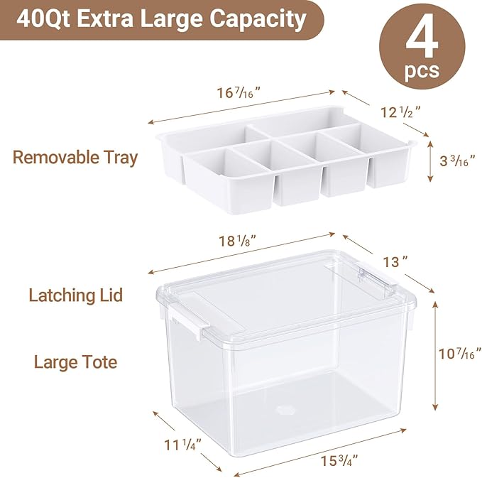 160Qt Large Stackable Storage Bins with Lids & Trays, Clear Plastic Latching Boxes Organizers with Dividers Portable 40Gal Containers for Arts & Crafts, Home and Car Trunk Organization, 4Pack
