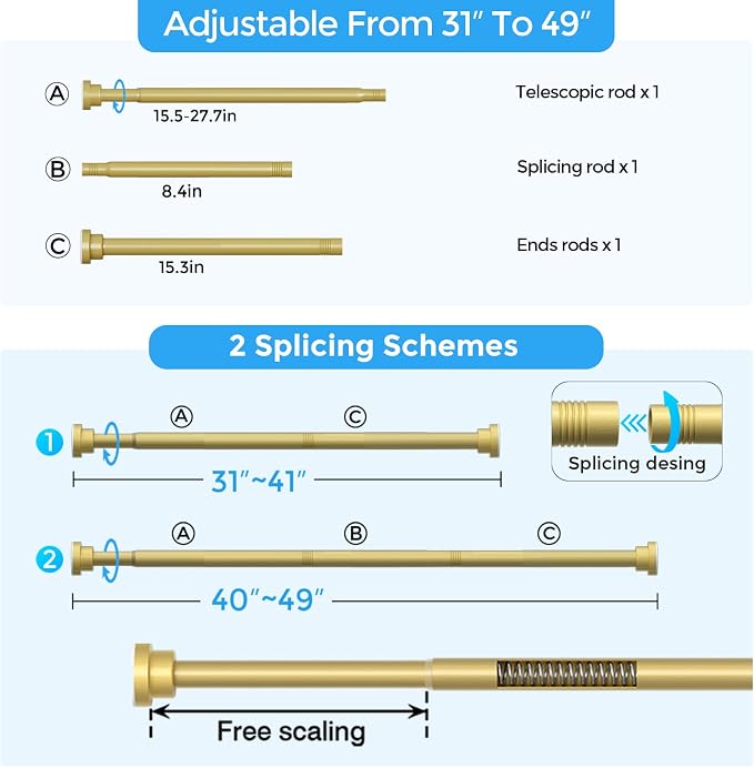Warm Gold Shower Curtain Rod 31-49 Inch 7/8 Inch Diameter Adjustable Spring Tension No Drill Non-Slip Anti-Rust 1-Pack Bathroom Room Divider Window Doorway Closet