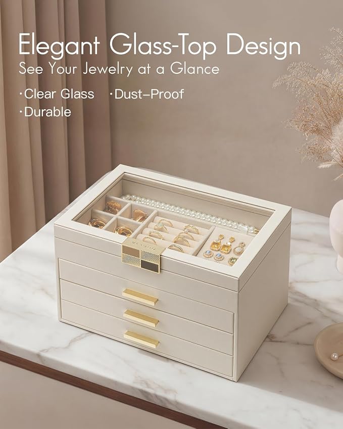 VLANDO Jewelry Box Organizer for Women, 4-Layer Jewelry Storage Case with Glass Lid, Gold Handle, 3 Drawers for Rings, Earrings, Necklaces and Bracelets - Cloud White