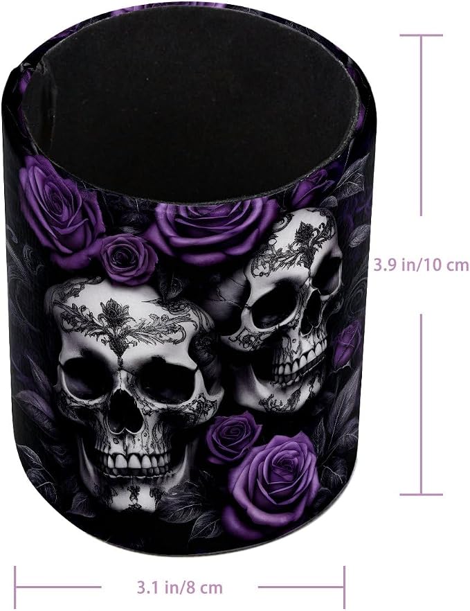 Skulls and Purple Rose Pen Holder Pencil Organizer for Desk, 3.1” x 3.1” x 3.9” Pencil Cup Office Supplies, Large Capacity Cute Pen and Makeup Brush Holder for Home, School, Desktop