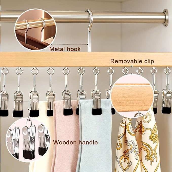 Closet Organizer with 12 Clips, Space Saving Hanging Closet Storage for Hats, Scarves, Jeans, Skirts, Socks, Pants, Multi-Purpose Clip Hanger(Vintage TypeA)