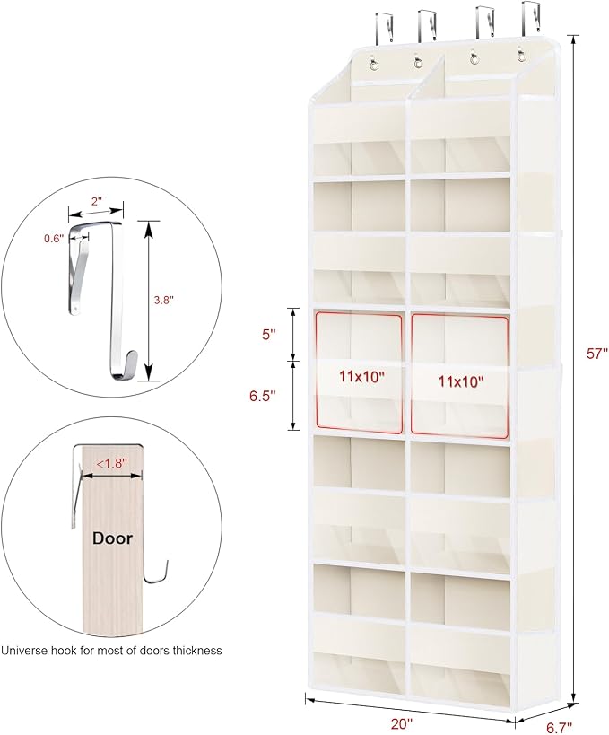 KEEGH 5 Tiers Over the Door Organizer, Large Hanging Door Organizer, Beige | Easy Installation, 10 Mesh Side Pockets, 10 Compartments, Door Organizer Hanging for Bedroom, Nursery, Bathroom and Pantry