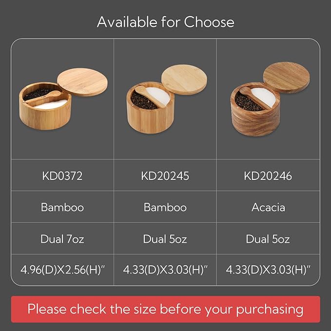 KITCHENDAO Acacia Wood Salt and Pepper Bowl Box, Built-in Spoon, Two Compartments Spice Seasoning Container, Sea Salt Cellar Holder, Magnetic Swivel Lid, Dual 5oz Capacity