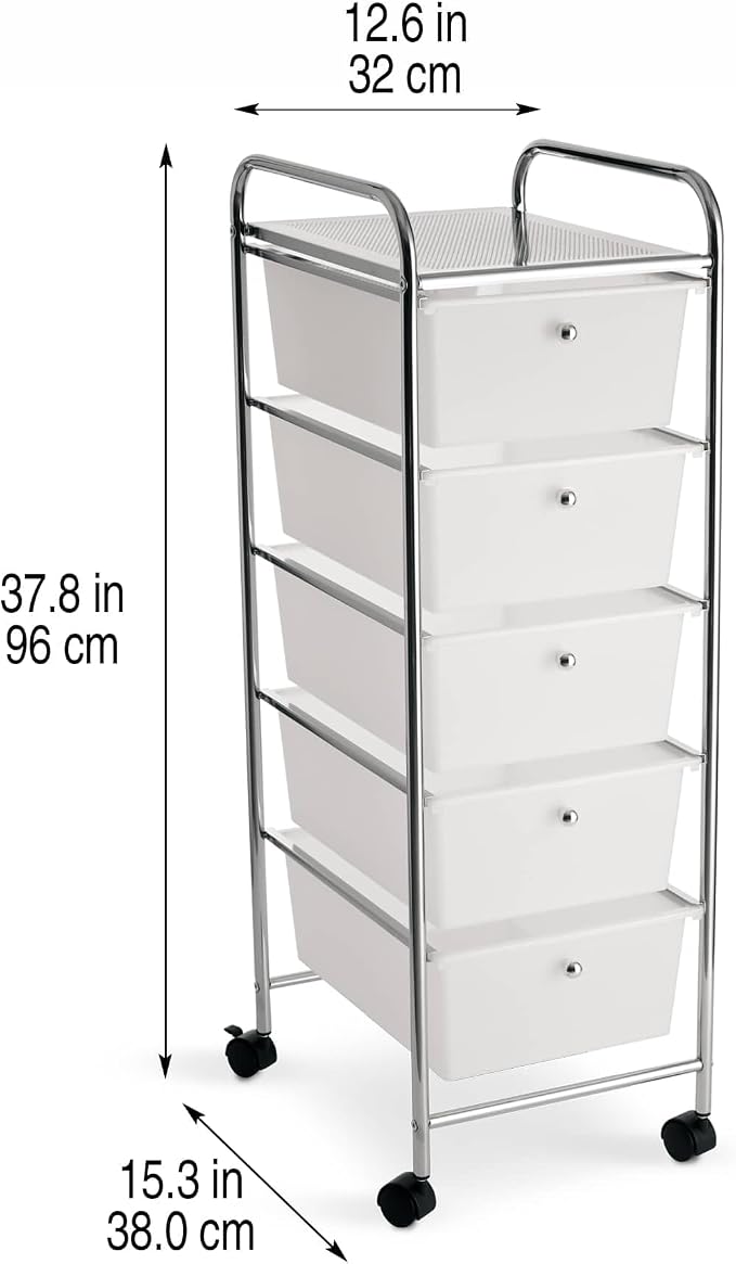Simply Tidy 5 Drawer Clear Rolling Cart - Mobile Organizer with Removable Drawers, Swivel & Locking Casters, Durable Tubular Frame - 1 Set