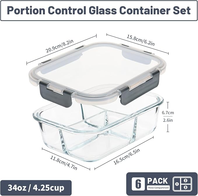 6 Pack 3 Compartment Glass Meal Prep Containers with Lids, 34oz, Grey | Portion Control Lunch Container Set, Glass Food Storage Containers with Airtight Lids, Microwave, Freezer, Dishwasher Safe