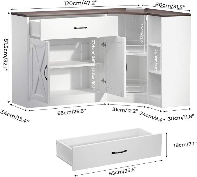 Loomie Corner Cabinet w/Charging Station, Kitchen Pantry Cabinet w/2 Tier Lazy Susan Turntable, Farmhouse Food Pantry w/Drawer & Doors & Adjustable Shelf, L-Shaped Sideboard for Dining Room (White)