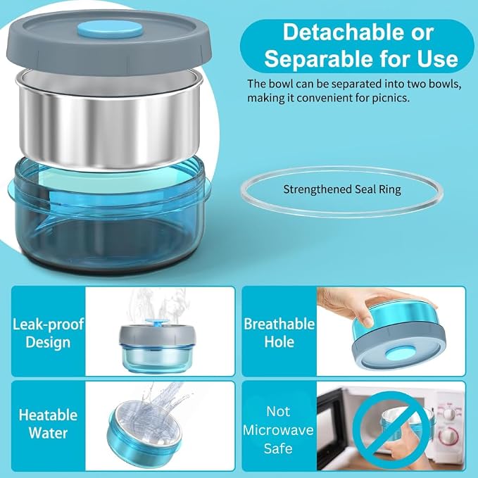 Lille Home Stainless Steel Thermal Lunch Box Set with Lunch Bag and Cultery | 22 Oz Vacuum Insulated Lunch Bento Box, to Keep Food Warm/Cool, 2 Small Food Container for Snack, Fruits and Sauces (Blue)