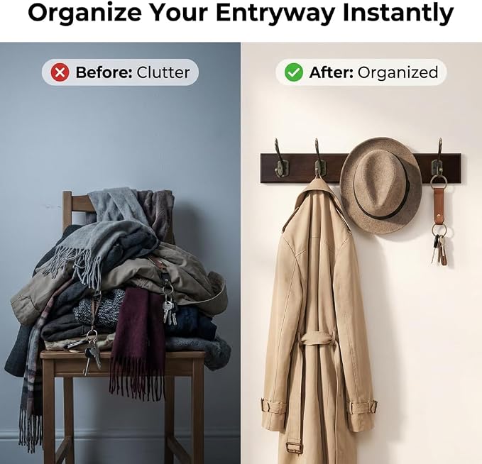 Wall Mounted Coat Rack with Solid Wood, 5 Bronze Metal Hooks – 19.6 Inch Rustic Brown Entryway Organizer for Hanging Coats, Hats, Jackets, Scarves, Bags, for Hallway, Bedroom, Bathroom（5Hooks）
