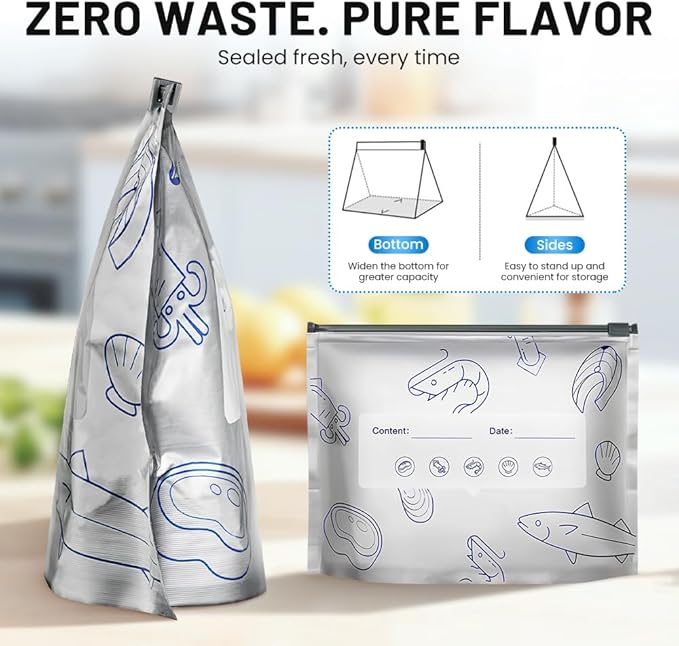 Reusable Aluminum Foil Sealable Storage Bags, Vacuum Zipper Pouches with Label and Stand Up Bottom Design, Leakproof Durable Food Storage Bags for Vegetables Fruits Meat (30, Large)