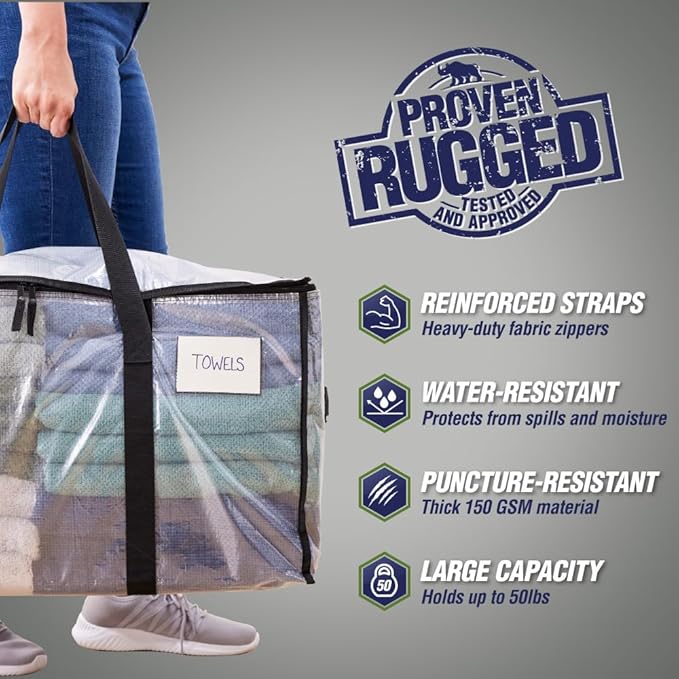 RUGGED RHINO 6 Pack Heavy Duty Extra Large Moving Bags, Durable Bag with Strong Handles and Zipper, Moving Boxes Alternative for College Packing, Holiday Décor, Space Saving Storage with Label, Clear