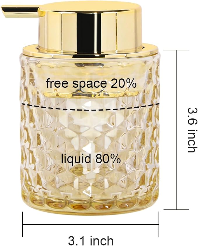 10 Oz Glass Hand Soap Dispenser with Pump, Refillable Bathroom Gold Foaming Soap Dispenser, Vintage Glass Diamond Lotion Container Bottle for Bathroom and Kitchen (1, Amber and Gold)