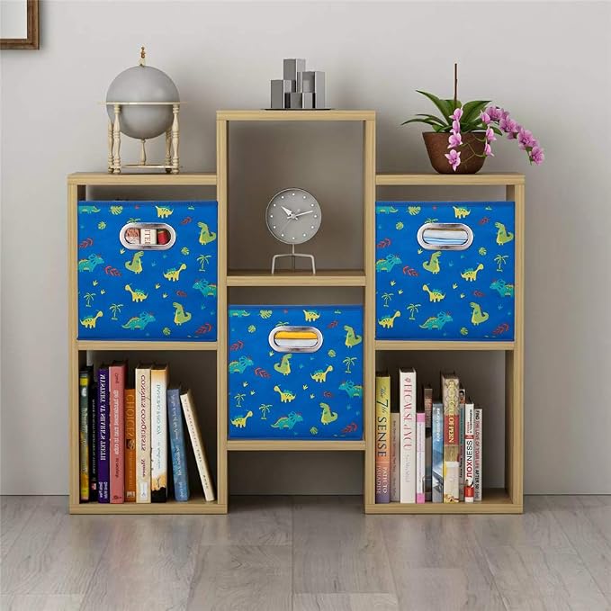 6 Cube Storage Bins Blue 10.5x10.5x11 Inch Foldable Dinosaur Coastal Print Fabric Half Storage Basketes for Home Organizers Storage Drawer,QY-SC13-6