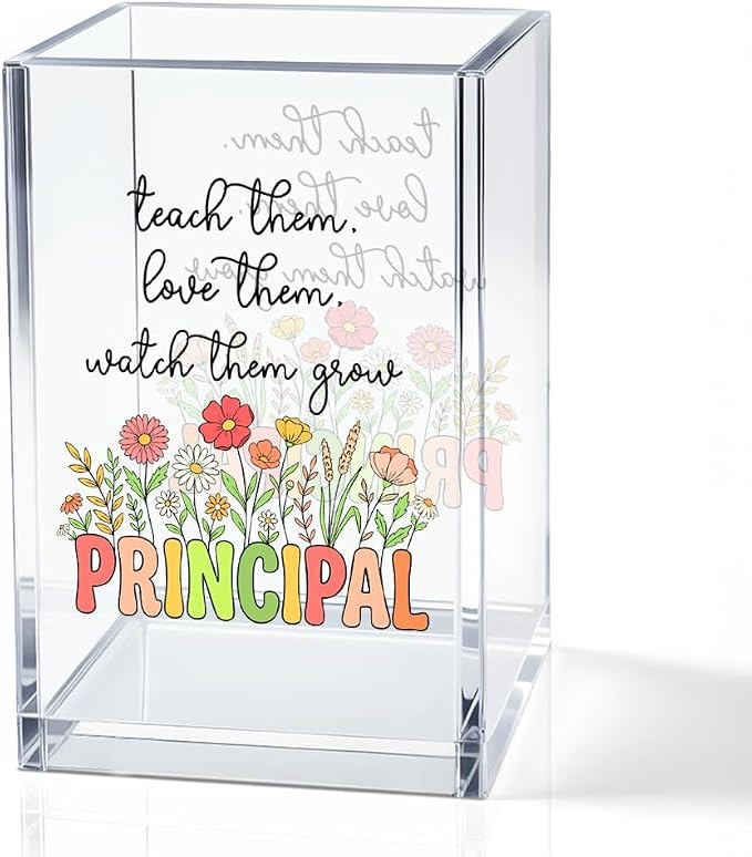 Teach Them Love Them Watch Them Acrylic Cosmetic Pencil Holder Cup, Floral Books Pen Holder for Home Office Desk Accessories for Principal, Pen Organizer, Marker Holder, Funny Principal Gifts