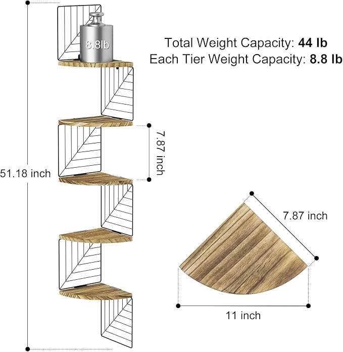Love-KANKEI Corner Wall Shelf 5 Tier,Solid Wood,51" Tall,Carbonized Black | Easy to Install,Leaf-Shaped Floating Wall Shelves,Capacity 44 Lbs,For Bedroom Living Room Bathroom Kitchen Office,Display