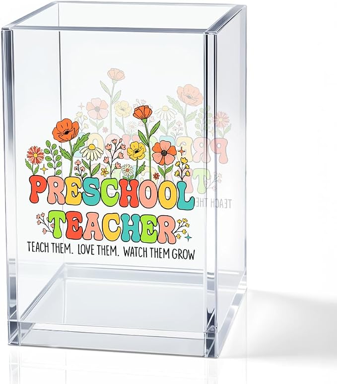 Preschool Teacher Acrylic Cosmetic Pencil Holder Cup, Teacher Appreciation Gifts for Women, Office Desk Accessories for Teacher, Teach Them Love Them Pen Organizer, Preschool Teacher Gifts