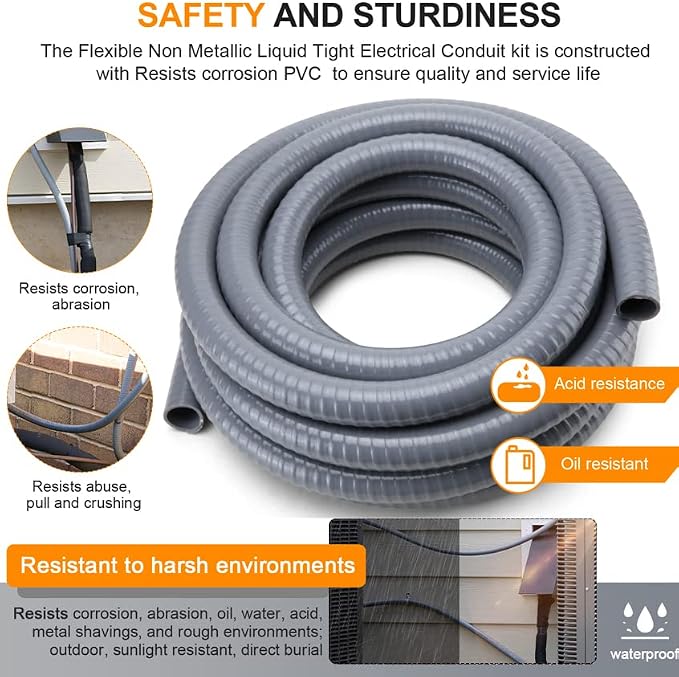 DWALE Liquid-Tight Conduit and Connector Kit,Flexible Non Metallic Liquid Tight Electrical Conduit,1inch25ft Electrical Conduit Kit,with5 Straight and3 Angle Fittings Included,1 in. Dia (25FT)