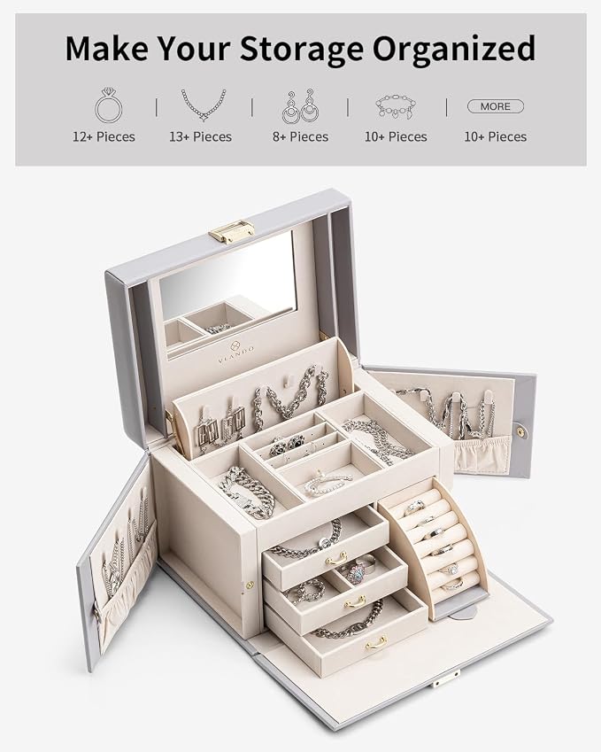 VLANDO Jewelry Box Organizer for Girls Women, Large Baroque Jewelry Holder Organizer with Mirror, 3 Drawers for Bracelets, Earrings, Rings, Necklaces, Mothers Day Gifts for Loved One, Grey
