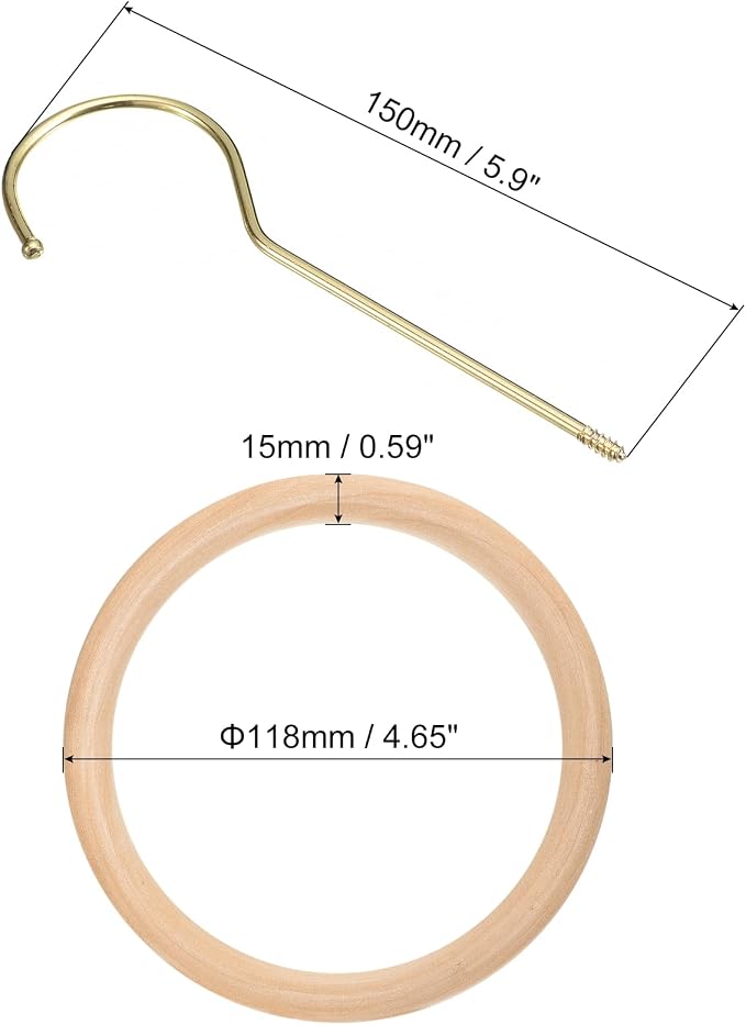 uxcell 4.65 Inch Scarf Ring Hanger, Scarf Organizer Holder Wooden Circle Rings Hanging Hook for Belt Tie Scarf, 11.8cm Length Hook (Gold)