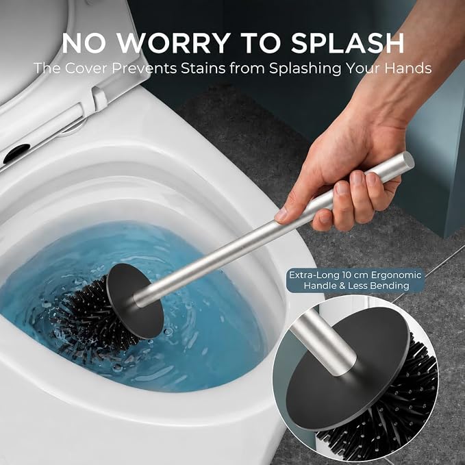 FORIOUS Toilet Brush, 2 Toilet Bowl Brush Head Square Short Brushed Nickel | Heavy Duty 304 Stainless Steel Base, Silicone and Plastic Brush Heads, 360° Deep Cleaning, Drip-Proof, Splash-Proof Design