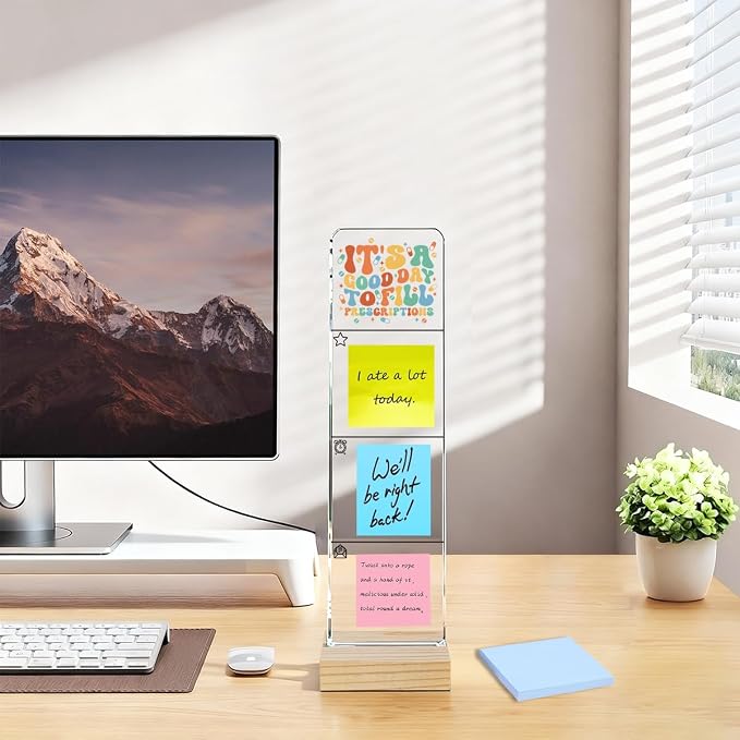 Sticky Note Holder, Monitor Memo Board, Acrylic Post It Note Holder with Wooden Base, Includes 100 Notes, Pharmacy Desk Organizer, Pharmacist Quote “It's A Good Day to Fill Prescriptions”