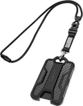 LIUGX Badge Holder with Breakaway Lanyard, Carbon Fiber-Texture, 6 Cards | American Flag, Quick Release Detachable Buckle, Metal Clip, Heavy Duty ID Card Holder, for Work, Office, Easy to Use, Black