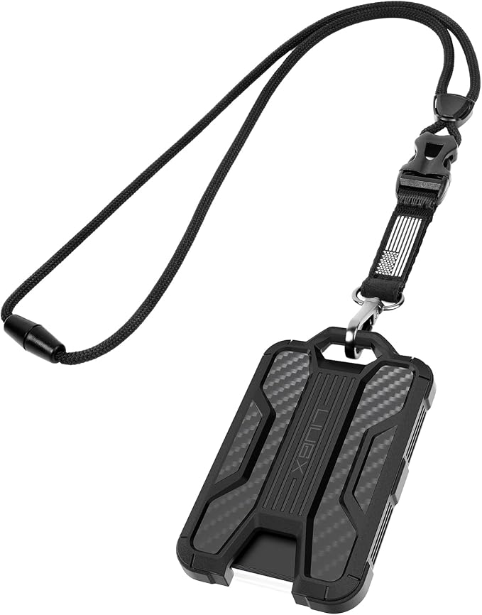 LIUGX Badge Holder with Breakaway Lanyard, Carbon Fiber-Texture, 6 Cards | American Flag, Quick Release Detachable Buckle, Metal Clip, Heavy Duty ID Card Holder, for Work, Office, Easy to Use, Black