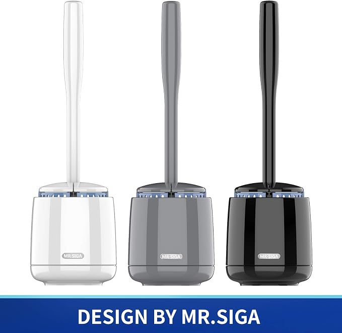 MR.SIGA Toilet Bowl Brush and Holder, Sturdy Long Handle, White, 2 Pack | Automatic Lid Design, toilet brush and holder set with replaceable toilet head, toilet bowl cleaner brush, toilet scrubber