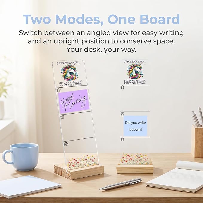 Sticky Note Holder, Monitor Memo Board, Acrylic Post It Note Holder with Wooden Base, Includes 200 Notes, Desk Organizer, Funny Floral Unicorn Quote “I May Look Calm”