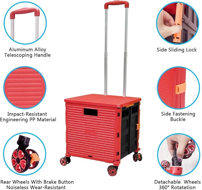FELICON SELORSS Foldable Utility Cart Folding Portable Rolling Crate Handcart with Durable Heavy Duty Plastic Telescoping Handle Collapsible 4 Rotate Wheels for Travel Shop Move Luggage Office (Red)