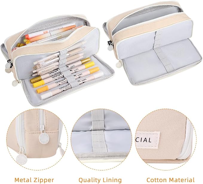 iSuperb 3 Compartments Pencil Case Pouch Big Capacity Pencil Organizer Canvas Holder Oxford Stationery Storage Kids Teen Girls Boys Student School Supplies Cosmetic Makeup Bag
