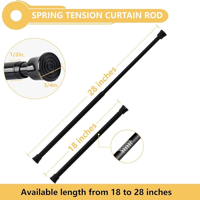 KXLife Tension Curtain Rod Adjustable 18-28", Small Spring Rod, 3Pcs | Black, No Drilling, Tool-Free Spring Fit, Non-Slip Ends, Suitable for Window, Kitchen, RV