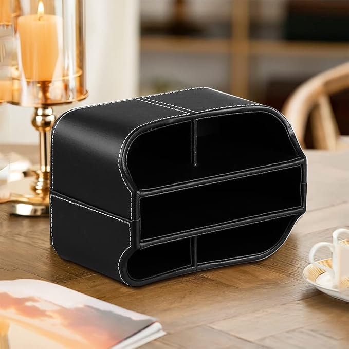 Leather 360° Spinning Remote Control Holder, Pencil Pen Holder for Desk Table Nightstand, TV Remote Caddy Organizer, Black Office Decor and Accessories, Storage Box for Phone,Media Player Controllers | Nightstand Organizer Storage Box with 5 Compartmen...