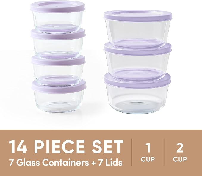 14-Piece Glass Food Storage Containers Set (7 Containers + 7 BPA-Free Lids) | 1-Cup & 2-Cup, Leakproof | Microwave, Freezer, Oven & Dishwasher Safe | Ideal for Meal Prep & Pantry Organization, Purple