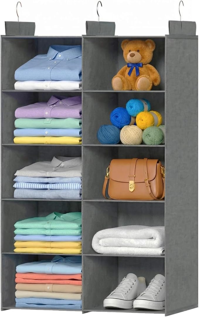 ALLTIDYUP Grey 5-Tier Hanging Closet Storage Organizer - Space-Saving Dual-Row Foldable Shelves with 3 Hooks, Wardrobe Organizer for Dorm, Bedroom, Clothes and Accessories