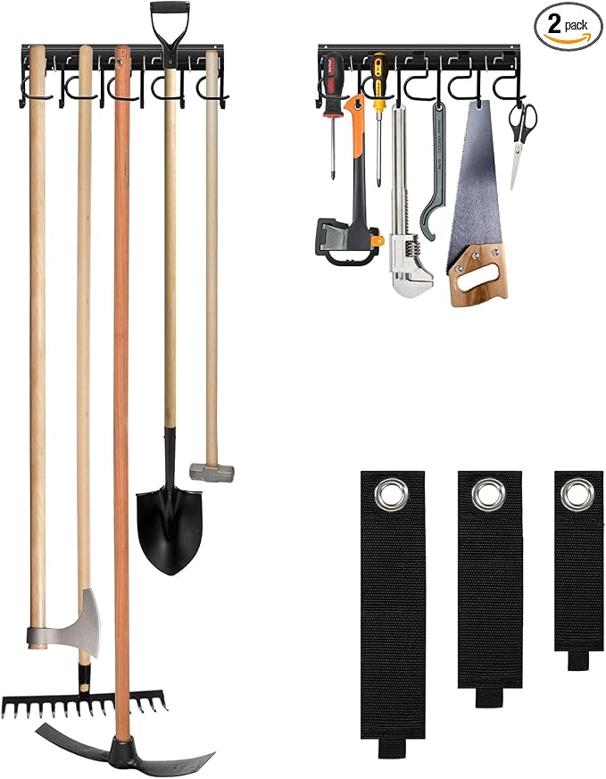 LEYU Metal Garage Tool Organizer Wall Mount, 2 Pack Garden Tool Organizer With Extension Cord Straps, Garage Organization Hooks and Hangers for Shed, Yard Storage, Wall Holder for Hanging Broom Mop