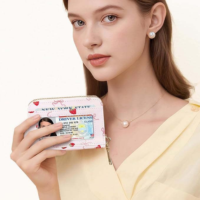 Sunwel Fashion Credit Card Holder for Women Small Accordion Card Cases with ID Window (PINK STRAWBERRY)