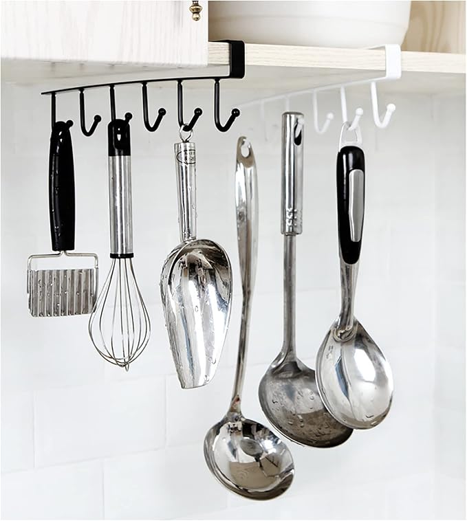 1 Pack Hanging Hooks Rack Under Cupboard Cabinet Cup Holder Kitchen Utensils Holder 6 Hooks Drilling Free Coffee Cups Holder Kitchen Utensil Storage Organizer Hook Rack (White)
