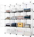 16 Cubes Storage Organizer,Portable Closet Wardrobe,Plastic Clothes Storage Shelves,Modular Bookcase Closet Cabinet,with Doors,for Kitchen, Bedroom, Playroom, Living Room, Office, Dorm (White)