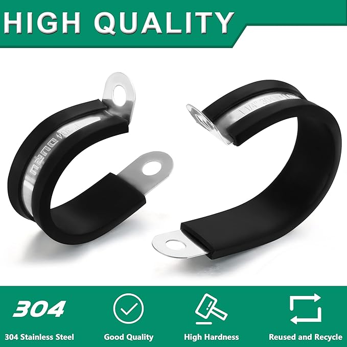 OURU 15pcs 1-1/4 Inch Stainless Steel Cable Clamps,Rubber Coated Cushioned Insulated Cable Clamp,Automotive Cable Wire Clamps,Pipe Clamps,Metal Clamp for Tube,Lines,Wire Cord Installation(Black,32mm)