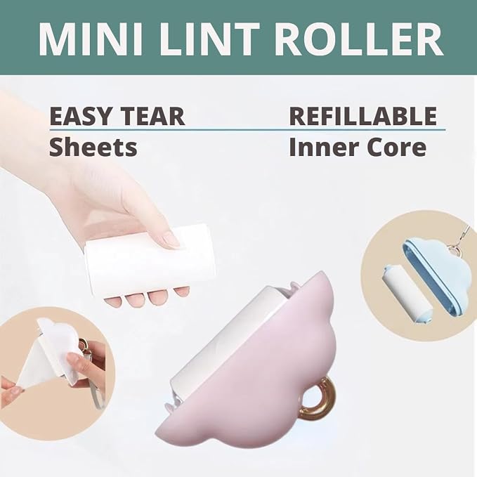 Portable Lint Roller 150 Sheets Travel Size, Mini Lint Roller for Clothes and Reusable Pet Hair Remover, Cute Small Sticky Dust Remover Refillable