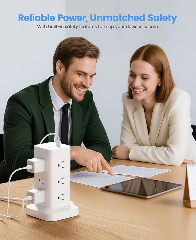 Power Strip Tower with Surge Protector 1800J, Fast Charging Tower PD20W USB-C Ports with 12 AC Outlets, Extension Cord for Home Office Dorm Room, 15ft, White