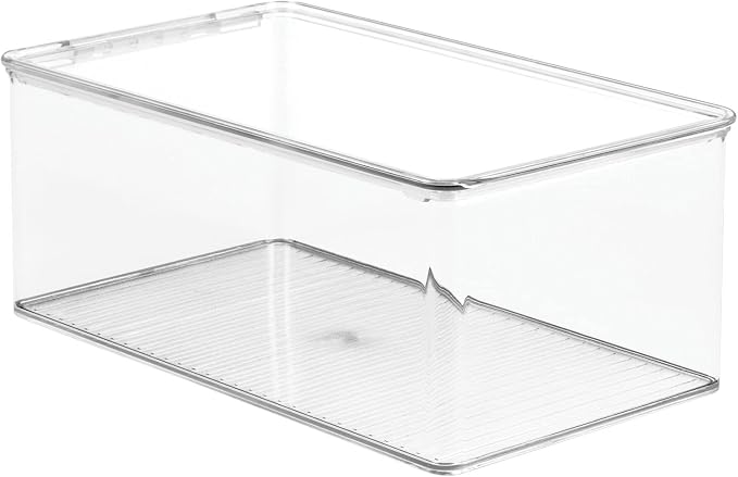 mDesign Plastic Stackable Home Office Storage Organizer Box with Hinge Lid - Holder Container Bin for Note Pads, Gel Pens, Staples, Dry Erase Markers, Tape, Supplies - Lumiere Collection - Clear