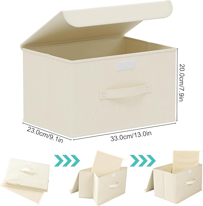 Storage Boxes, Collapsible Storage Bins with Lids, Cotton and linen cloth Storage Baskets with Handle, for Books, Closet, Bedroom, Home, 13x9.1x7.9 in, Beige