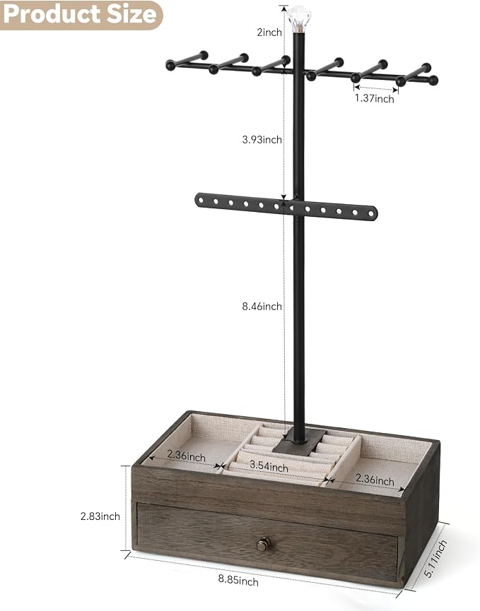 Meangood Jewelry Organizer Stand, 3-Tier Necklace Holder Jewelry Tree with Wooden Storage Drawer Box for Necklace Bracelet Earring Ring, Walnut